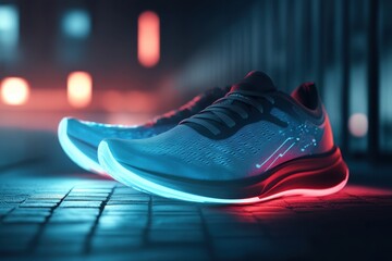Brightly illuminated running shoes on urban pavement at night