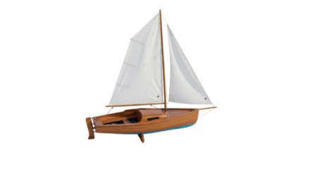 Isolated Wooden Sailboat Model with White Sails