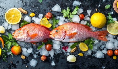 fresh red snapper fish on ice, a high-quality photo for commercial advertising.