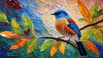 Fototapeta premium mosaic depiction of a songbird perched on a leafy branch