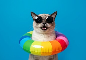 Cat in sunglasses and swimming tube on a blue background. The cat is wearing sunglasses and a colorful swim ring. The overall mood is playful and amusing. 