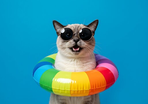 Cat in sunglasses and swimming tube on a blue background. The cat is wearing sunglasses and a colorful swim ring. The overall mood is playful and amusing.  - Powered by Adobe