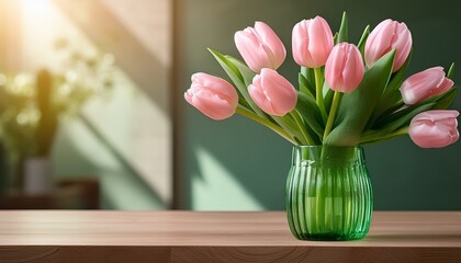 pink tulips in green glass vase on wooden table