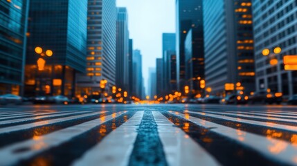 Fototapeta premium Urban Cityscape at Dusk with Reflections on Wet Pavement, Skyscrapers and Streetlights Illuminating the Road Ahead in a Vibrant Metropolitan Environment
