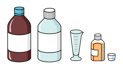 水剤の入った瓶と調剤済みの投薬瓶と薬杯