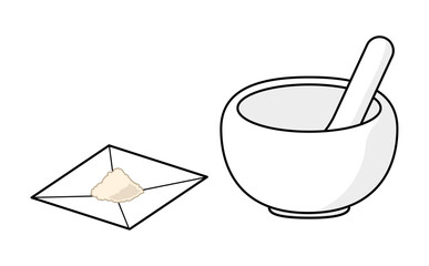 計量された散剤と乳鉢と乳棒のシンプルなイラスト