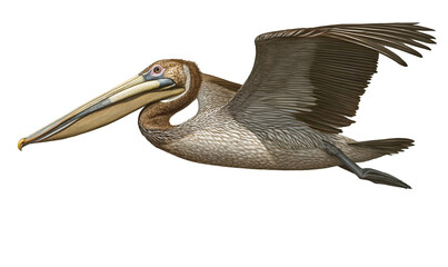 Brown pelican in flight.  A detailed illustration of a pelican soaring gracefully through the air
