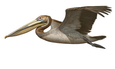 Brown pelican in flight.  A detailed illustration of a pelican soaring gracefully through the air
