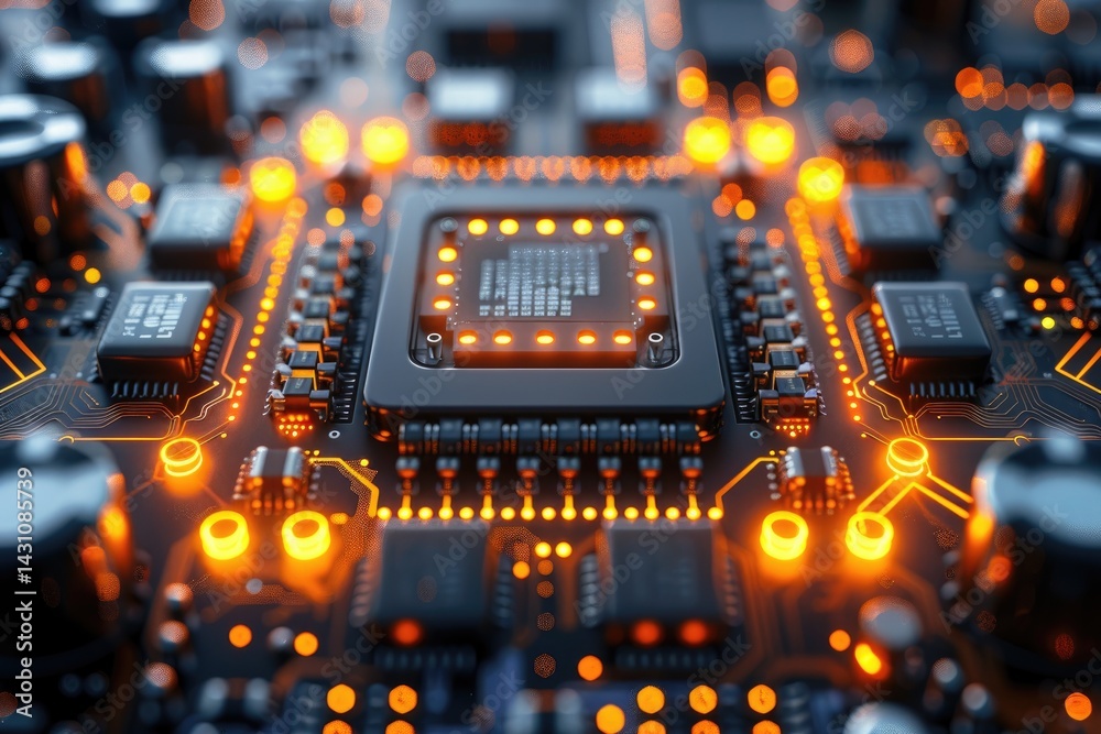 Poster an illuminated computer circuit board with its central processing unit