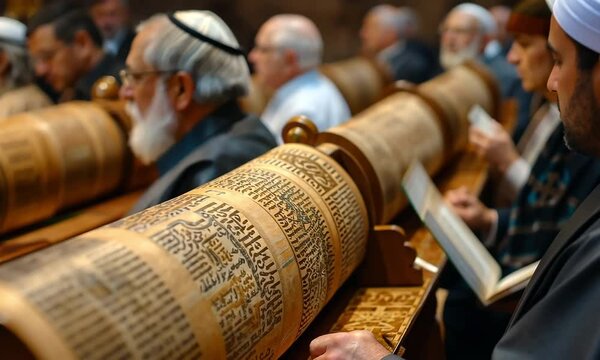 Ceremony honoring traditions with ancient scrolls in an intimate gathering setting