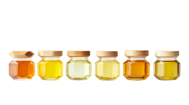 Elegant Eight Small Jars with Hexagonal Bottoms and Wooden Lids