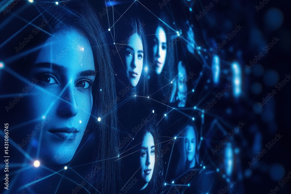 Poster digital art representation of interconnected faces in a futuristic network setting
