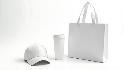 White Tote Bag Cap Coffee Cup Mockup Branding