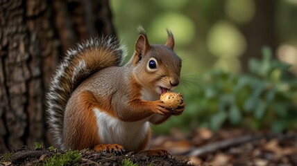 Fototapeta premium Squirrel eating nut in forest