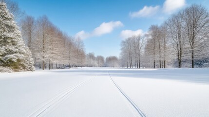 Obraz premium Snow-covered landscape with cross-country ski tracks on pristine winter field, bare trees lining horizon, bright blue sky with scattered clouds, and peaceful winter scene.