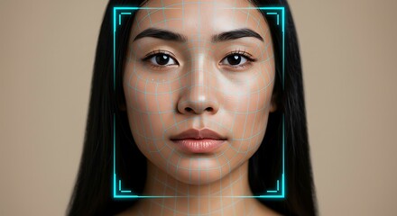 An asian woman's face with a recognition square in front of a light brown background, ready for facial recognition process