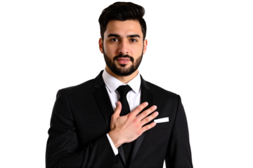 Sincere Caucasian businessman with beard, wearing a black suit, holding hand over heart in a gesture of pledge, loyalty, or honesty, isolated portrait against a transparent background