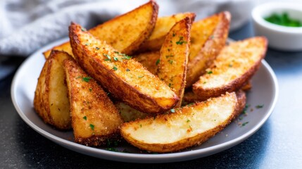 Crispy golden potato wedges served on a plate with herbs, set against a neutral background