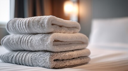 Neatly Folded White Towels on Hotel Bed, Crisp Linen Texture, Soft Overhead Light, Clean Hospitality Aesthetic