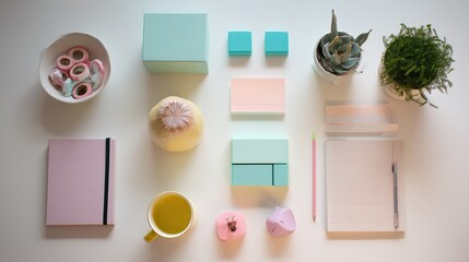 Office Desk with Minimalist Stationery, 45-degree Overhead View, Soft Natural Light, Clean Workspace, Modern Office Style