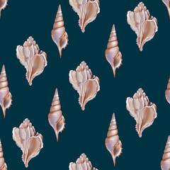 Marine summer themed seamless pattern on dark background.  Pastel Seashells ornament.Ocean inspired marine design perfect for fabric prints, wallpapers, beach decor,wraping paper