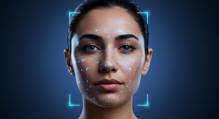A woman's face is in the center of a futuristic facial recognition scan