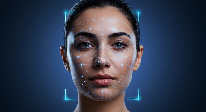 A woman's face is in the center of a futuristic facial recognition scan