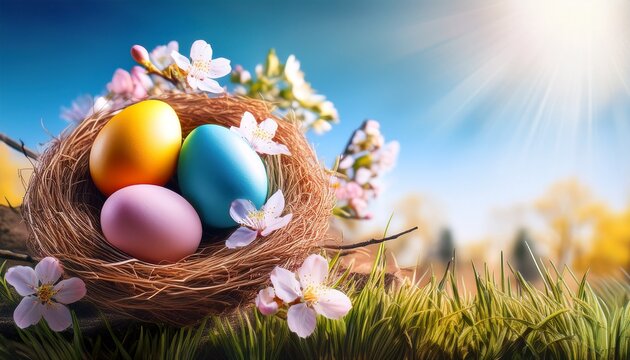 colorful easter eggs in straw nest with spring flowers sunny horizontal natur background for easter greetings