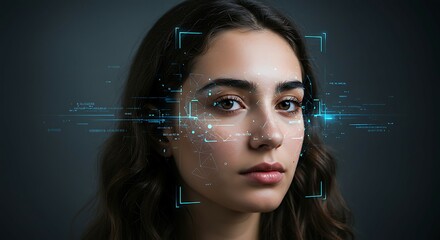 A woman looks directly at the camera, her face scanned by a digital framework of light.  The image evokes a sense of mystery, technology, and identity.