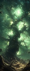 Obraz premium Abstract dark tree with glowing light green leaves in a forest.