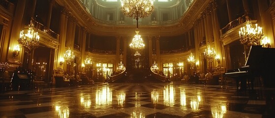 Obraz premium Ornate hall interior with chandeliers and reflective floor surface in golden light.