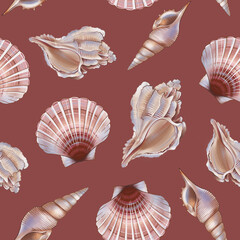 Marine summer themed seamless pattern on pastel background.  Pastel Seashells ornament.Ocean inspired marine design perfect for fabric prints, wallpapers, beach decor,wraping paper