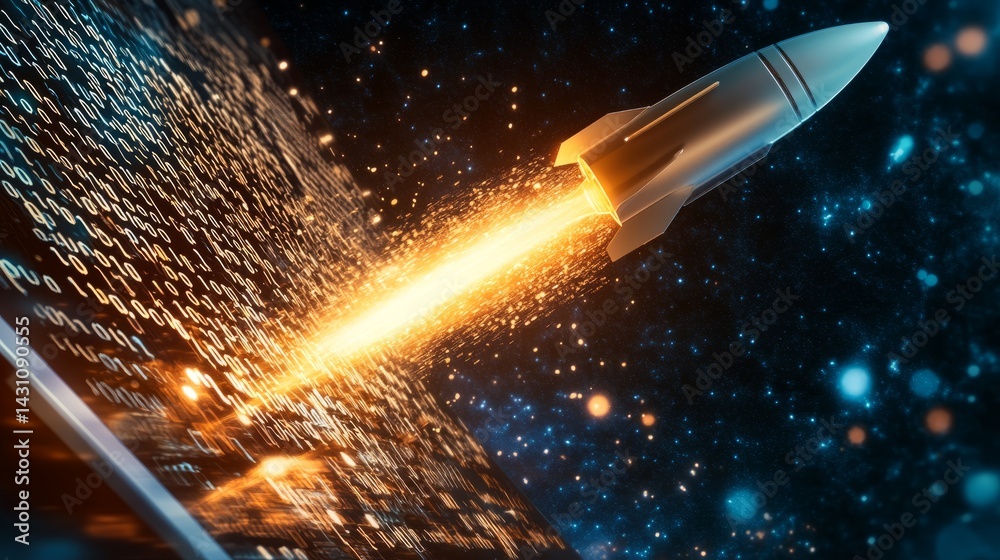 Poster a digital transformation concept showing a rocket escaping from a laptop into space filled with bina