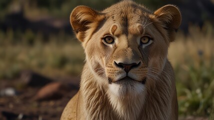 Fototapeta premium Lioness portrait in savanna, focused gaze, wildlife