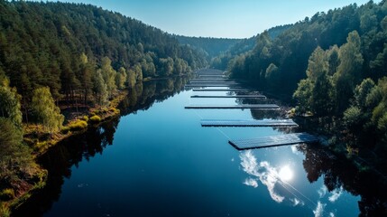 Floating solar panels on a calm lake surrounded by green forest under blue sky reflecting clouds