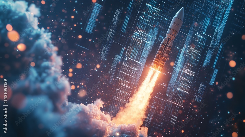 Poster blending of physical and digital worlds as a rocket launches from a virtual screen filled with data 