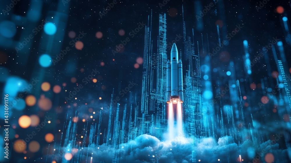 Poster blending of physical and digital worlds as a rocket launches from a virtual screen filled with data 