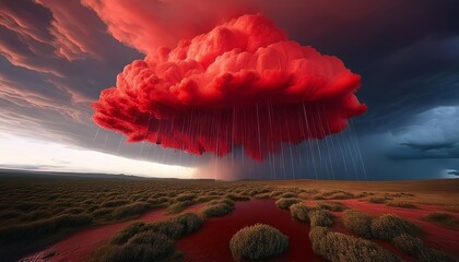 a surreal red cloud dripping rain evoking deep emotions