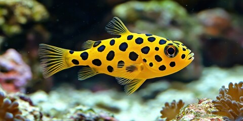 A juvenile boxfish with a bright yellow body and black polka dots swimming near a coral reef