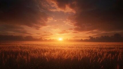 Beautiful sunset over the wheat field. Golden autumn landscape with a wheat field at sunrise or dusk.
