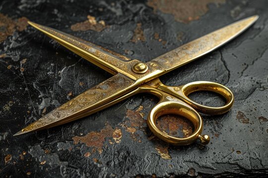 An intricately designed pair of golden scissors on a textured surface