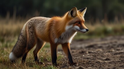 Obraz premium Red fox walking in field at dawn. Possible use Nature photography