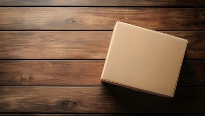 Photo of a brown cardboard box on a wooden floor background, a mockup template for an online shopping