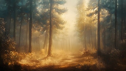 Obraz premium Pine forest in misty morning light, panoramic view of tall trees with visible textures and foliage,