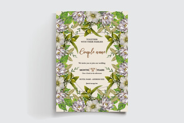 WEDDING INVITATION FRAME WITH FLOWER DECORATIONS AND FRESH LEAVES