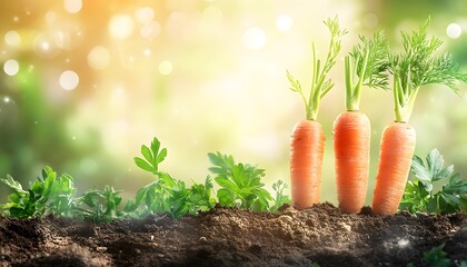 Three fresh carrots with leaves on the ground against a greenery and bokeh background, in a closeup view.