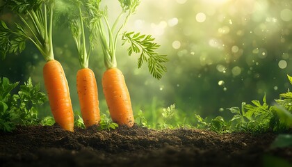 Three fresh carrots with leaves on the ground against a greenery and bokeh background, in a closeup view.