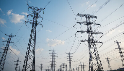 High power electricity poles in urban area connected to smart grid. Energy supply, distribution of energy, transmitting energy, energy transmission, high voltage supply concept photo.