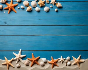 Wallpaper - beach scene concept with sea shells and starfish on a blue wooden background