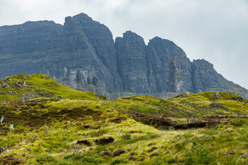 Misty skies and dramatic rock formations at The Storr, Isle of Skye. A breathtaking landscape of pure adventure, solitude, and raw nature perfect for trekking and unforgettable exploration.
